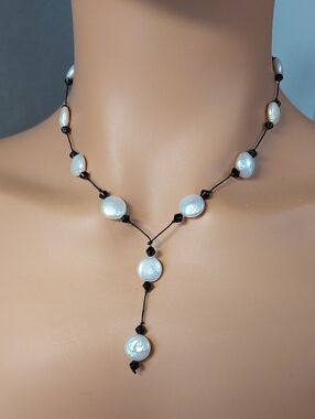 Genuine Baroque Coin Pearl Black Bead Necklace Y 16"
